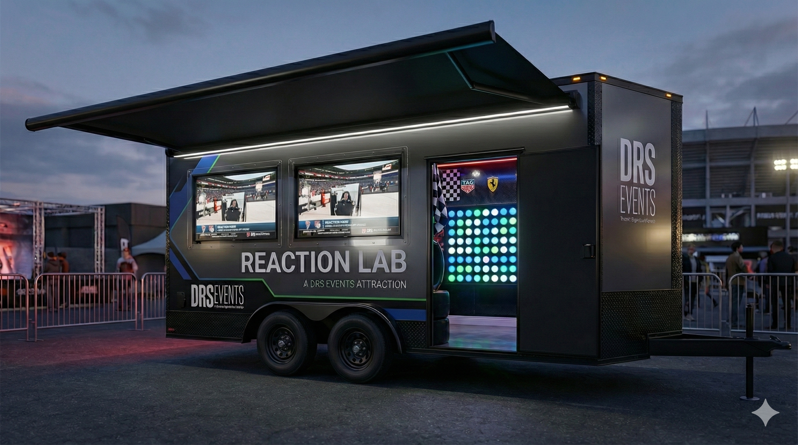 Reaction Labs trailer exterior at dusk with LED lighting